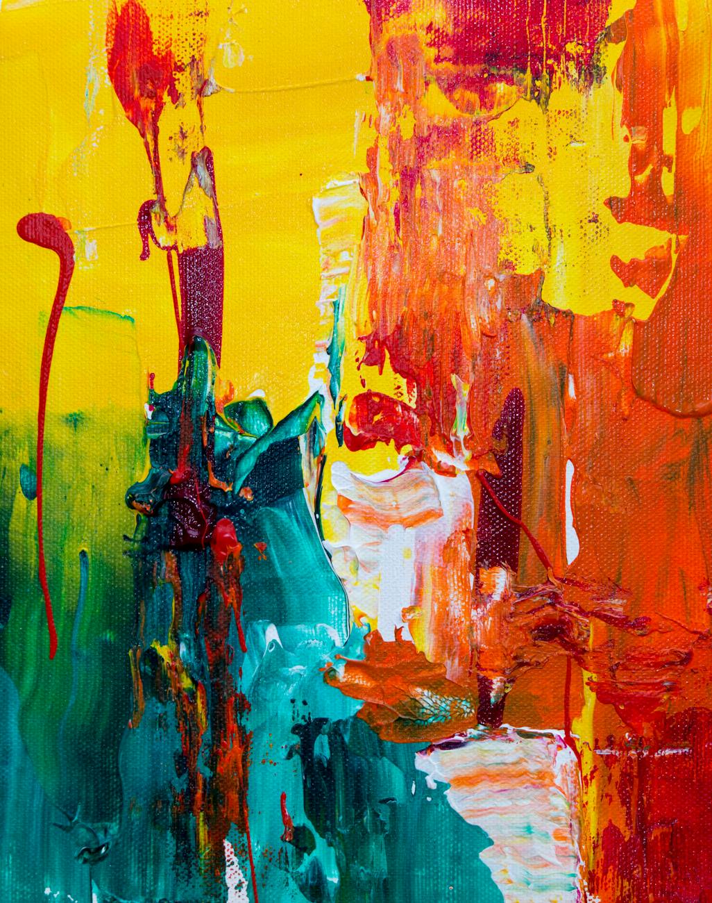 Pintar es escuchar lo que siento - Obra abstracta con bloques de color azul, naranja, gris y blanco que representan transformación emocional