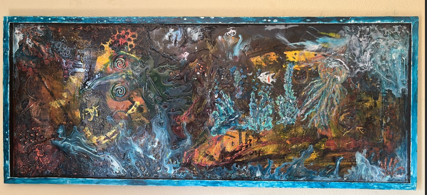 La raíz del agua - Obra abstracta con texturas intensas, colores azules, dorados y blancos que expresan turbulencia emocional y movimiento interno